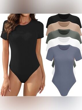 Classic Crew Neck Short Sleeve Bodysuit - Black, White, Taupe, Olive, Slate NEW
